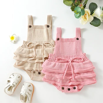 0-24M Yenidoğan Bebek Bebek Kız Örgü Tulum Düz Renk İpli Rahat Kolsuz Askı Romper yaz kıyafetleri