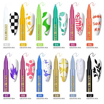 12 adet İnce Detaylar Manikür Su Geçirmez Renk Kalem Aracı Nail Art Grafiti Kalem Soyut Astar Fırça Çizim Boyama Alt Desen