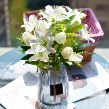 12 İpek Çiçekler, Yapay zambak, Lale Kombinasyonu Buket, Avrupa Tarzı DIY Aile Parti düğün Çiçek, gelin El Çiçek