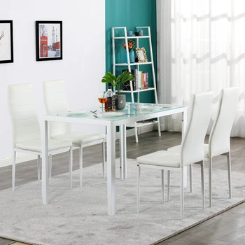 (120x70x75)cm 5 Adet yemek masası seti Cam Masa ve 4 deri sandalye Mutfak Yemek için Beyaz ABD Depo Stokta