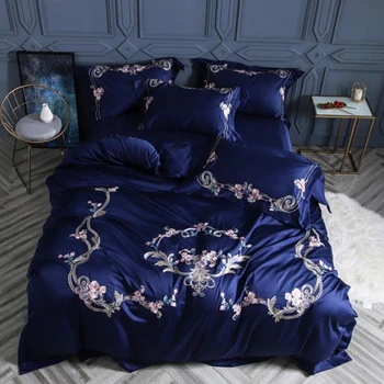 2018 Mavi Lüks Saten yatak Nakış yatak çift kraliçe set king size yorgan kapak yatak sayfası set yastık kılıfı setleri 