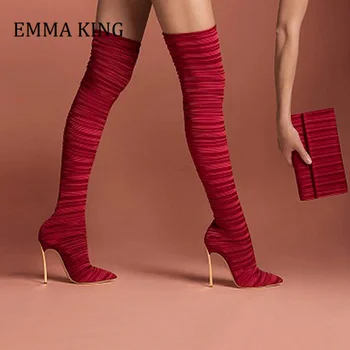 2020 Rahat Streç Kumaş Çorap 12cm Metal Topuklu Diz Üzerinde Uyluk Yüksek Çizmeler Seksi Noktası toe Stilettos Uzun Botas