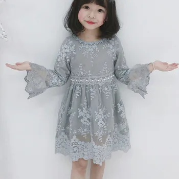 2020 Yeni Sevimli Dantel Kız Elbise Flare Uzun Kollu Prenses Parti Rop Çocuk Bebek Çocuk Düğün Abiye 2 3 4 6