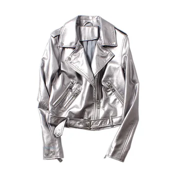 2021 İlkbahar Sonbahar Yeni Avrupa Yüksek Sokak Gümüş kadın PU Yıkama Lokomotif deri kemer Ceket Vintage Ceket Cepler ile