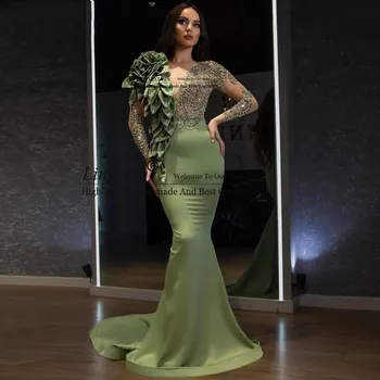 2021 Tasarımcı Moda Mermaid balo kıyafetleri Uzun Kollu Boncuklu Ruffled Balo Elbise Şık gece elbisesi Ordu Yeşil elbiseler de soirée