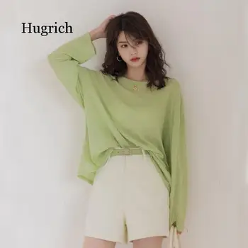 2021 Yaz Yeni Kore Tarzı Yuvarlak Boyun Düz Renk Çok Yönlü İnce Örme Güneş Koruyucu Elbise Gevşek Tembel Uzun Kollu Tişört
