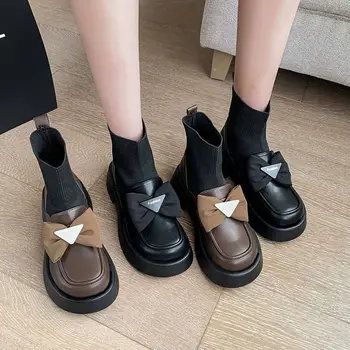 2022 İngiliz Tarzı Yuvarlak Ayak yarım çizmeler Örme Elastik Çorap Kadın Sonbahar Kış Rahat yarım çizmeler Bayan Platformu Topuklu E583