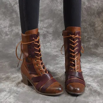 2022 Yeni Kadın Kış Açık bağcıklı yarım çizmeler Bayanlar Kare Topuk PU Çizme Artı Boyutu 35-43 Rahat Patik Kadın Zapatos Mujer