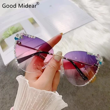 2023 Moda Kalp Şekli Güneş Gözlüğü Çerçevesiz Çiçek Gözlük Kadınlar Marka Tasarım Metal Çerçeve Şeker Renk Degrade Gözlük