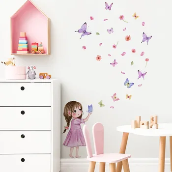 30 * 40 cm Çiçek Küçük Kız Renk Kelebek Karikatür Sevimli Duvar Sticker Arka Plan Duvar Oturma Odası Dekorasyon Duvar Duvar Sticker