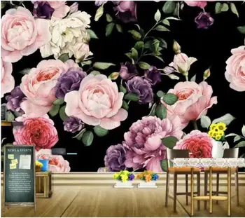 3D Gül çiçekli duvar kağıdı Duvar Siyah Arka Plan ile Baskılı Fotoğraf Duvar Resimleri Yatak Odası TV Zemin Ev Dekor Çiçek Duvar Resimleri