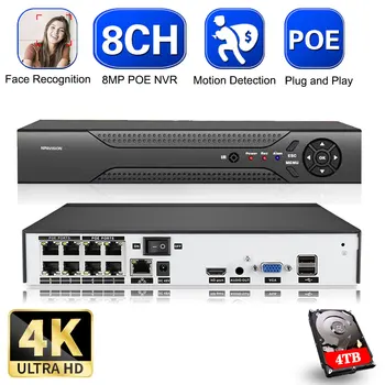 4K 8MP 8CH POE NVR Yüz Algılama Ağ Ses Video Kaydedici Ev Mağaza H. 265 + 24/7 Kayıt IP Kamera P2P Alarm Sistemi XMEye