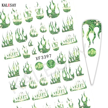 5 adet 3D Yangın Alev Tırnak Sticker Manikür Yeşil Yonca Yaprağı Dekorasyon Yapışkanlı Tasarımcı tırnak sanat etiket Tırnak Aksesuarları