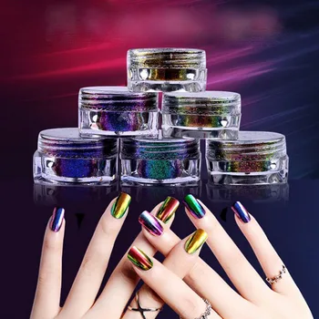 6 Renkler/set Bukalemun Ayna pudra fırçası parlak tırnak tozu Optik renk değişikliği Tırnak Sanat Süslemeleri