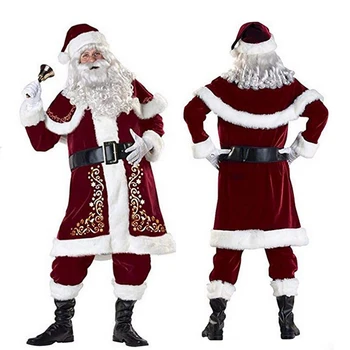 8 adet Set Noel Noel Baba Takım Elbise Yetişkin Noel Cosplay Kostüm Kırmızı Deluxe Kadife Fantezi Noel Partisi Adam Aile Kostüm