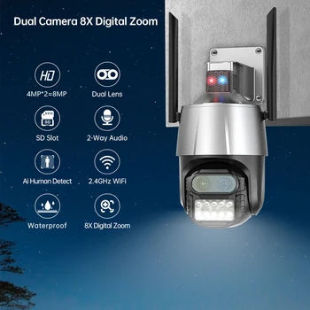 8MP 4K 2.4 G WiFi Güvenlik IP Kamera İnsan Algılama Su Geçirmez Kablosuz Gözetim Kamera Çift Lens 8X Zoom Açık İzleme