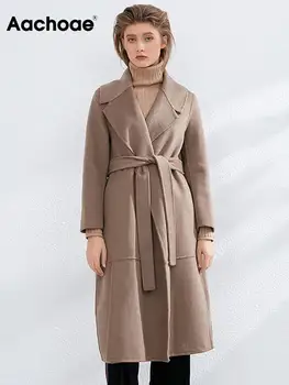 Aachoae Kadın Yün Ceket Ile Kemer Uzun Kollu Rahat Uzun Ceket Turn Down Yaka Katı Lady Palto Ofis Giyim Tops Manteau
