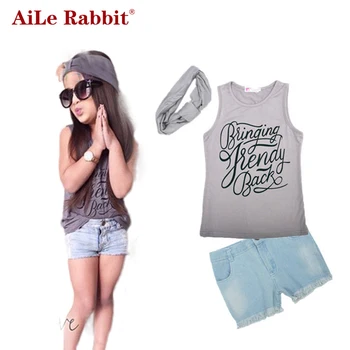 AiLe Tavşan Kız giyim seti moda T-shirt + kot + kafa bandı 3 adet takım elbise eşarp Kot şort Çocuk giysileri çocuk seti