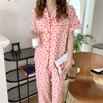 Apple Baskı Yaz Pijama Seti Kadın Kore İki Parçalı Ev Takım Elbise Tek Göğüslü Gömlek + şort takımı Pamuk Kawaii Rahat