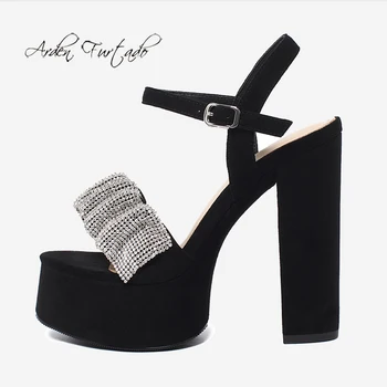 Arden Furtado 2021 Yaz Moda kadın ayakkabısı Seksi Zarif Tıknaz Topuklu 13CM Klasik Kristal Rhinestone platform sandaletler 40