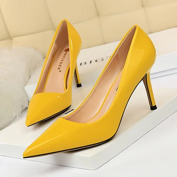 Artı Boyutu 34-44 Sıcak Kadın Ayakkabı Sivri Burun Pompaları Patent Deri Elbise Yüksek Topuklu Tekne Düğün Zapatos Mujer 2020 Bigtree Ayakkabı