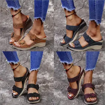 Artı Boyutu kadın ayakkabısı 2022 Yaz Retro Roma Sandalet Kadınlar Casual Çiçek Kama Sandalet Terlik Kadın Platformu PU Terlik