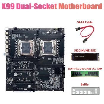 AU42-X99 Çift Soketli Anakart + 512G NVME SSD + DDR4 16G ECC RAM + SATA Kablosu PCI-E 16X LGA 2011 Çift CPU Yuvası X99 Anakart