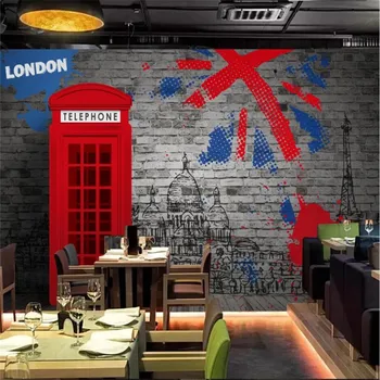 Avrupa Retro 3d Kırmızı İngiliz Telefon Kulübesi Gri Tuğla duvar resmi Duvar kağıdı 3D Bar Cafe Restaurant Dekor Arka Plan duvar kağıdı 3D