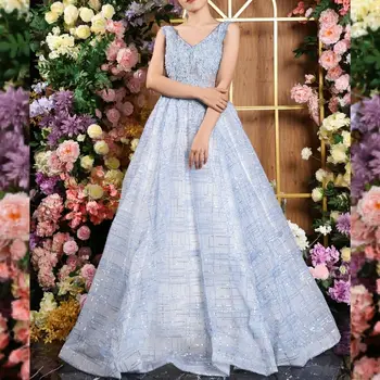 Açık Mavi Allık Pembe Boncuklu Süslenmiş V Boyun Kolsuz Aç Geri İmparatorluğu Zarif Akşam Elbise Doğum Günü Düğün Parti Giyim