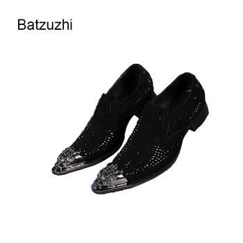 Batzuzhi Lüks El Yapımı erkek ayakkabıları Sivri Metal Ucu Siyah / Kırmızı Rhinestone Deri Elbise Ayakkabı Erkekler için Parti ve Düğün Ayakkabı