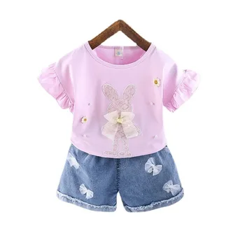Bebek Bebek Giyim Yeni Yaz Çocuk Karikatür Elbise Takım Elbise Çocuk Kız Dantel T Shirt Şort 2 adet / takım Toddler Moda Spor