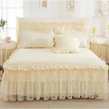 Bej / Pembe 1 adet Dantel Yatak Etek+2 adet Yastık Kılıfı Prenses Yatak Örtüleri Çarşaf Kız Yatak Örtüsü Kral Kraliçe boyutu