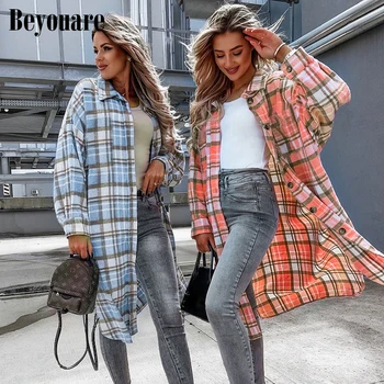 Beyouare Kadın Ekose Baskı Gevşek Uzun Ceket Yatak Açma Yaka Düğmesi Tam Kollu Ceket Bahar Vintage Streetwear Moda Giyim
