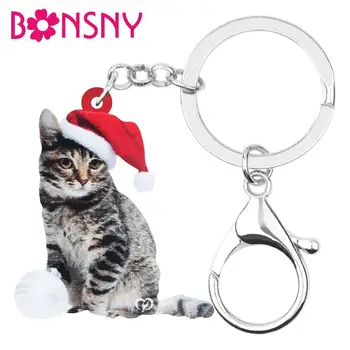 Bonsny Akrilik Noel Şapka Kısa saçlı Kedi Yavru anahtar zincirleri anahtarlıklar Çanta Araba Çanta Anahtarlıklar Kadınlar Için Kız Dekorasyon Hediye