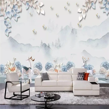 Dekoratif duvar kağıdı Modern moda stil kabartma geyik ağacı suluboya dağ yaprak kuş arka plan duvar