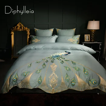 Diphylleia Fransa Tarzı Lüks nevresim takımı Tavuskuşu İşlemeli Kraliçe battal boy nevresim Sanat yatak çarşafı Yumuşak Mısır Pamuklu Teal