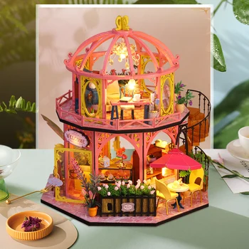 DIY Ahşap bebek evi Kiti Minyatür mobilya ışık Casa Çiçek Kahve dükkanı Dollhouse Oyuncaklar Roombox Yetişkin noel hediyesi