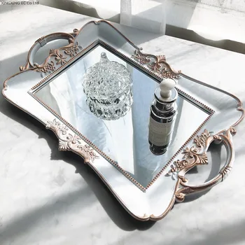 Fransız Retro Beyaz Kabartmalı Ayna Tepsi oturma odası masası çay tepsisi Minimalist Kozmetik Takı Depolama Tepsisi Düğün Dekorasyon