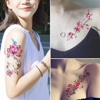 Gül Kelebek Dövme Çıkartmalar Kadın Vücut Göğüs Sanatı Kol Sahte Kol Geçici Dövme Kız Bel Bilezik Flaş Dövmeler Çiçek