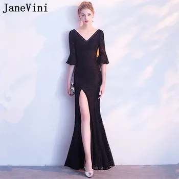 JaneVini Vestidos Vintage Dantel Boncuk anne gelinlik Mermaid Yüksek Bölünmüş Siyah Abiye giyim Kollu Vestido Noite