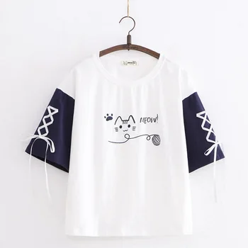 Japon Mori Kız Yaz Üstleri Kadın T Shirt Lolita Yumuşak Sevimli Kedi Karikatür Tees Yaz Kore Tarzı Kawaii Giysileri Femme T-shirt