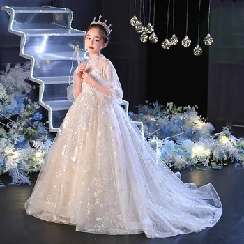 Kabarık Tül Şampanya Dantel Çiçek Kız Elbise Balo Pullu Prenses Balo Elbise Kız Düğün Parti için İlk Communion Vestios