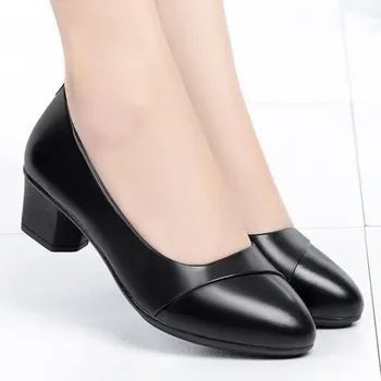 Kadın Orta Topuk Ayakkabı Ofis Bayan Pompaları PU Deri Siyah Temel Kare topuklu ayakkabılar Bahar Sonbahar Loafer'lar Kadın Zapatos