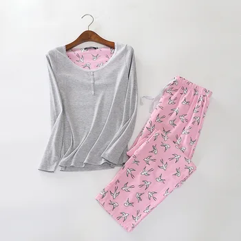 Kadın Pijama Seti Örme Ceket Saf pamuklu pantolon İlkbahar ve Sonbahar Pijama Karikatür Uzun Kollu Pijama Artı Boyutu Pijama