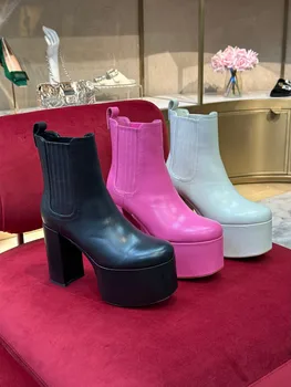 Kadın yarım çizmeler 2022 Zarif Orta Topuk Ayakkabı Tıknaz Platform Çizmeler Şık Nokta Chelsea Çizmeler Kadın Deri Çizmeler Parti Ayakkabı