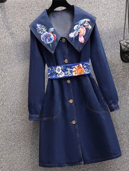 Kadın Çin Tarzı Çiçek Işlemeli Kot Elbiseler Bahar Moda Uzun Kollu Yüksek Bel A-line Fransız Vintage Elbise