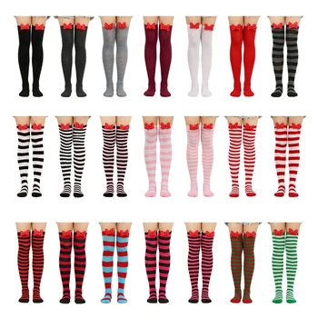 Kadınlar Sevimli 3D İlmek Diz Üzerinde Çorap Tatil Çizgili Baskı Uyluk Yüksek Çorap T8NB