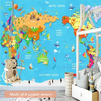 Karikatür Dünya Haritası Duvar Kağıdı Büyük Boy Duvar çocuk Odası Duvar Zemin Dekorasyon İçin Özel Boyut Tuval Boyama Çocuk Yatak Odası