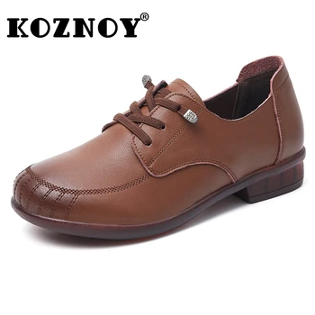 Koznoy 2.5 cm Retro Etnik Tarzı Dikiş Hakiki Deri Sonbahar Yaz Bayanlar Rahat Düz Dantel Up Açık Yürüyüş yumuşak ayakkabı