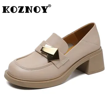 Koznoy 5.5 cm Retro Etnik Hakiki Deri Kaymaz Sığ Mary Jane Bayanlar Platformu Kama Yaz Kadın Yuvarlak Ayak bağcıksız ayakkabı